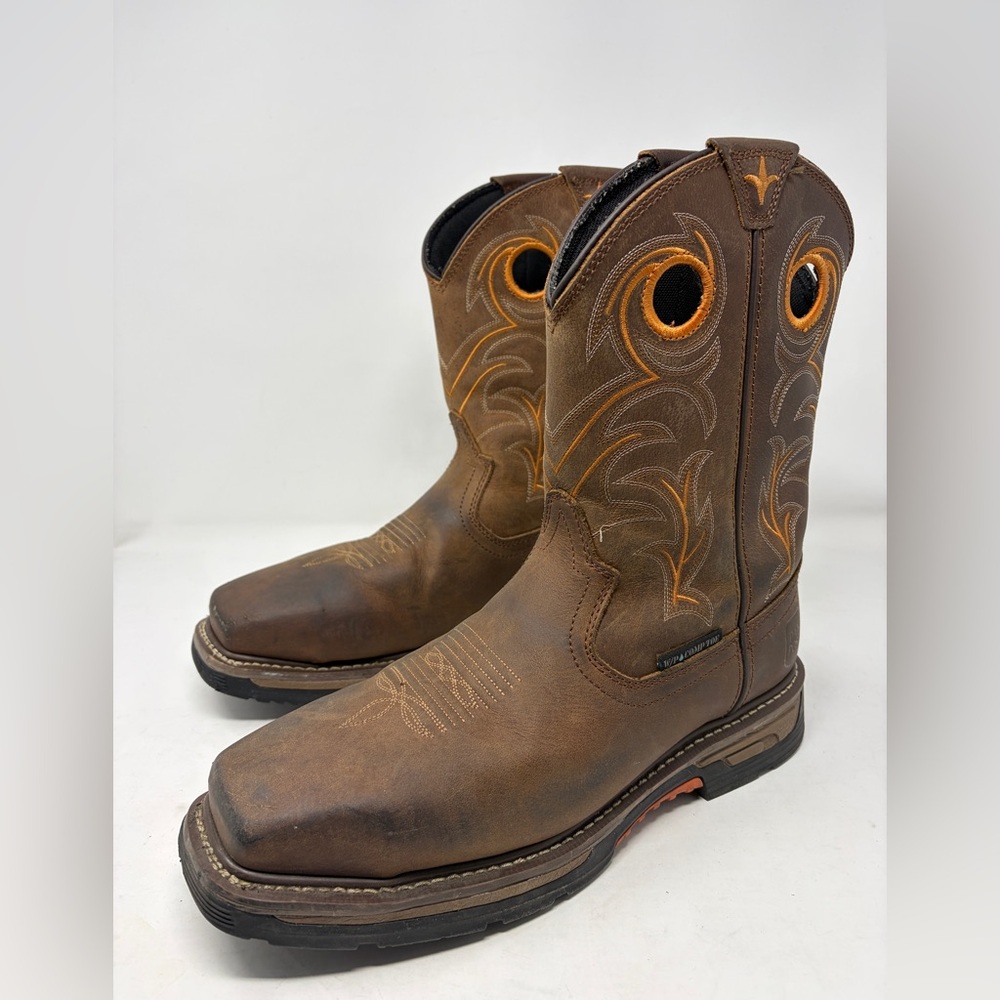 Dan Post Brown Western Pull-On Work Boots with Orange Accents